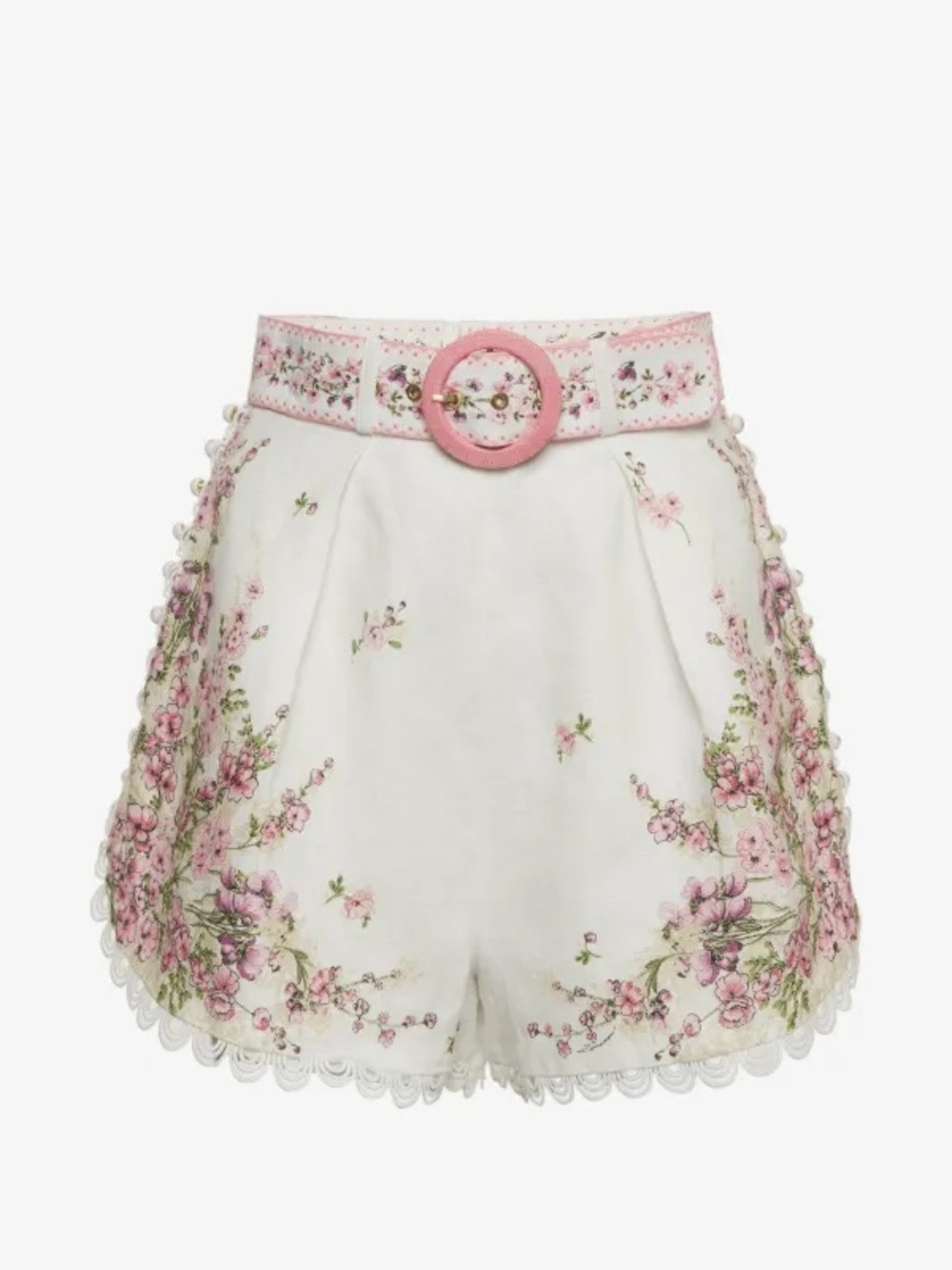 Zimmermann White High-Waist Shorts with Pink Floral Embroidery and Pink Belt